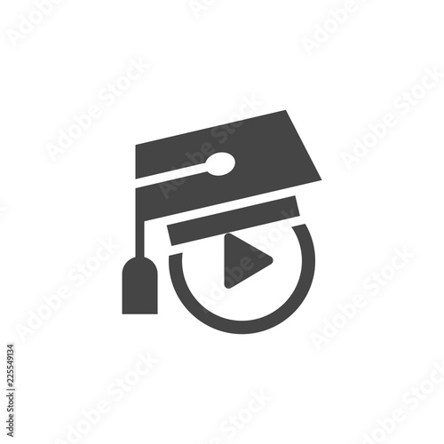 Graduate cap on play button. E-learning flat label. Symbol of distance education, training videos and modern technology. Logo for universities, schools, academies and other sites and apps. Vector