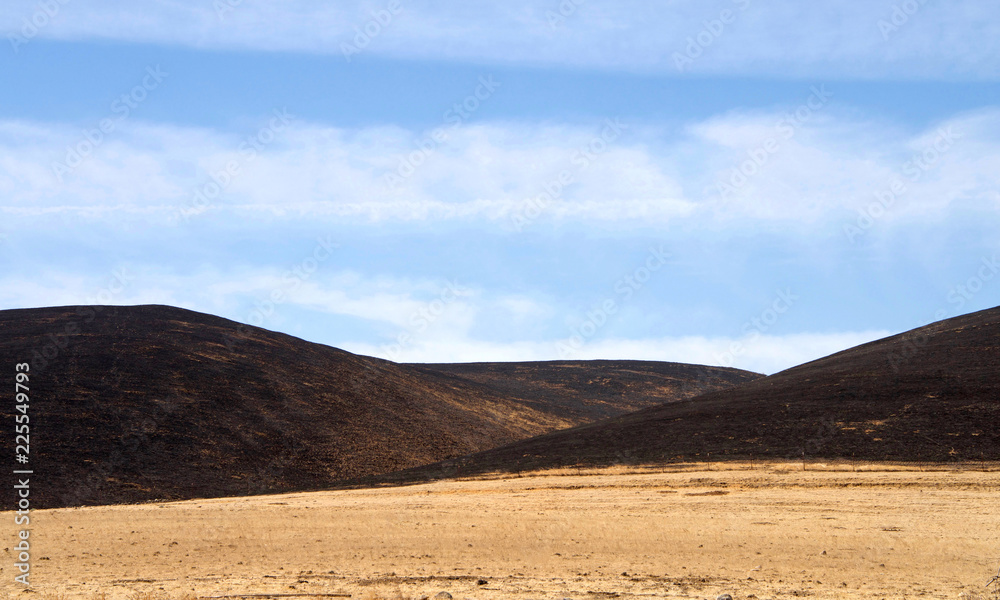 Naklejka premium California drought parched brown fields with fire scorched hills in the background. Blue cloudy sky.