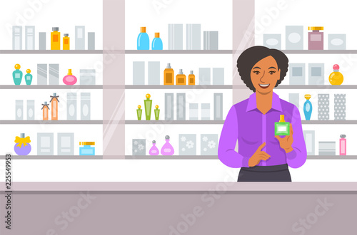 Cosmetics store black girl counter near shelves with perfumes and skin care products. Young woman seller offering bottle with new aroma at the perfume shop. Vector cartoon background