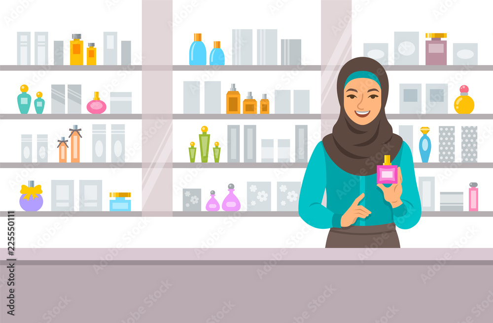 Cosmetics store arabic girl counter near shelves with perfumes and skin care products. Young woman seller offering bottle with new aroma at the perfume shop. Vector cartoon background