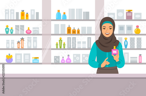 Cosmetics store arabic girl counter near shelves with perfumes and skin care products. Young woman seller offering bottle with new aroma at the perfume shop. Vector cartoon background