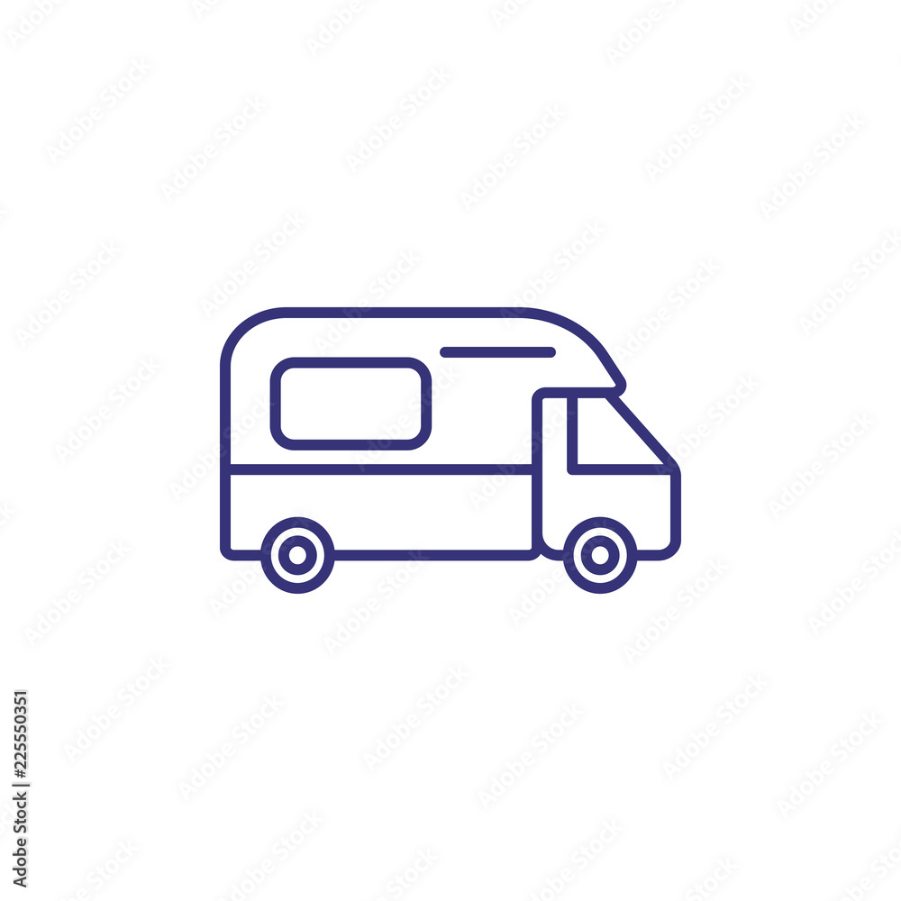 Camping car line icon. Caravan, trailer, motorhome. Transport concept. Vector illustration can be used for topics like transportation, travel, tourism