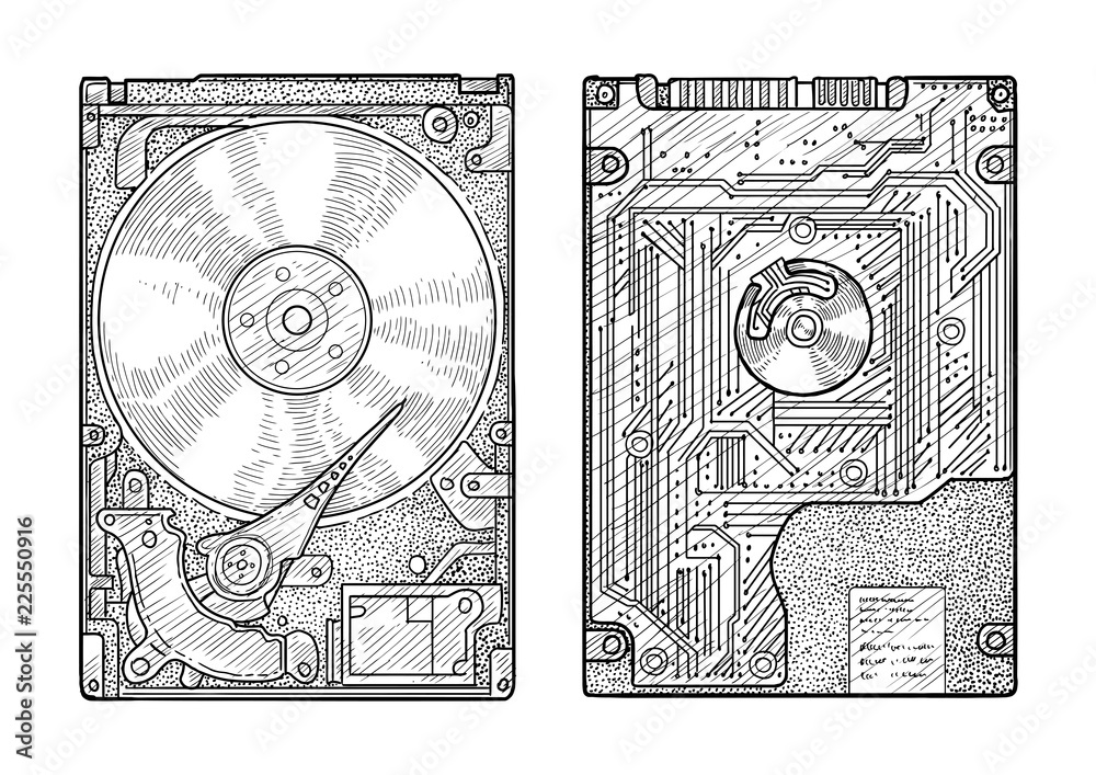 Hard disk illustration, drawing, engraving, ink, line art, vector Stock