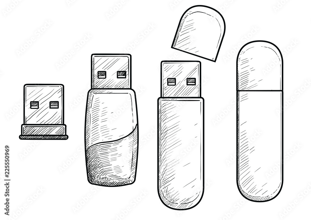 Usb pendrive illustration, drawing, engraving, ink, line art, vector Stock  Vector