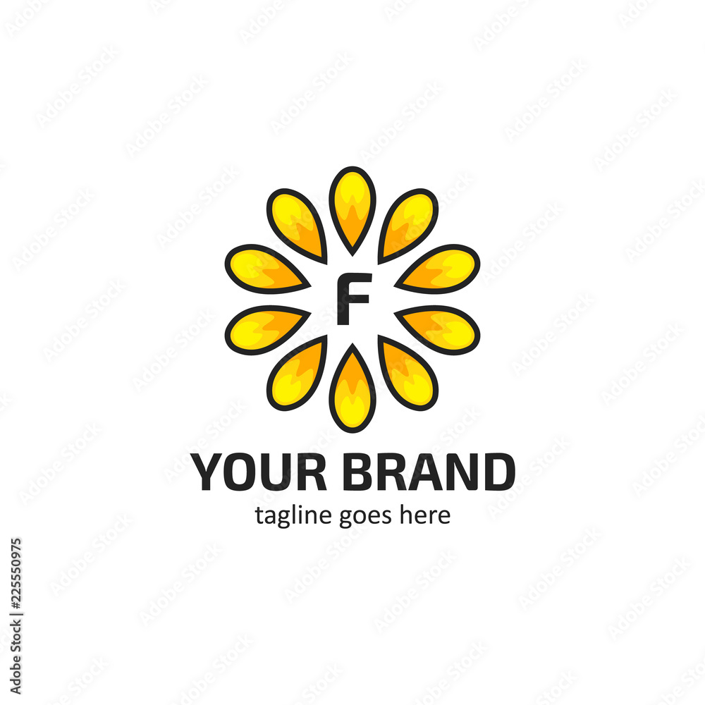 Yellow sunflower petals with letter F logo icon symbol vector