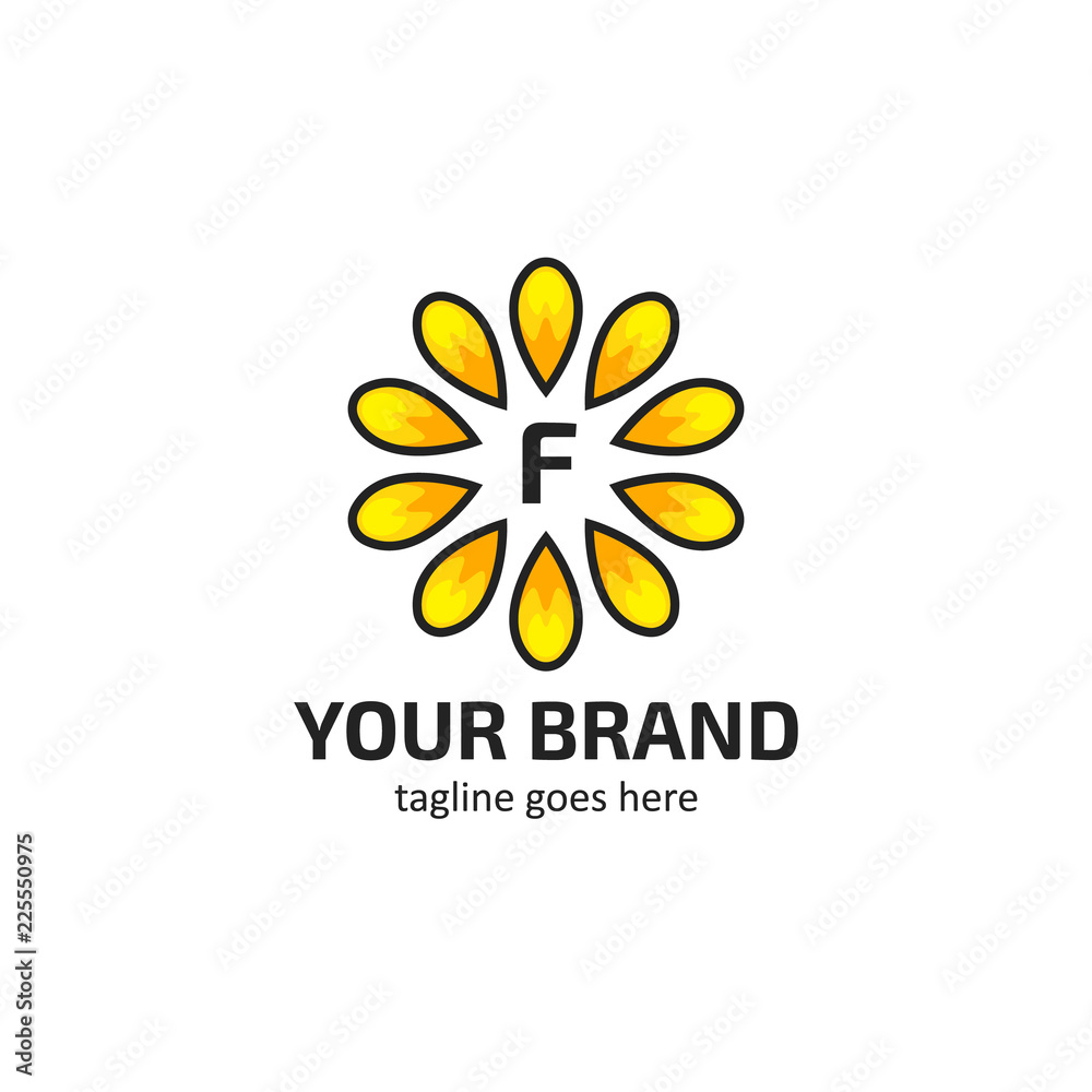 Yellow sunflower petals with letter F logo icon symbol vector Yellow sunflower petals with letter F logo icon symbol vector