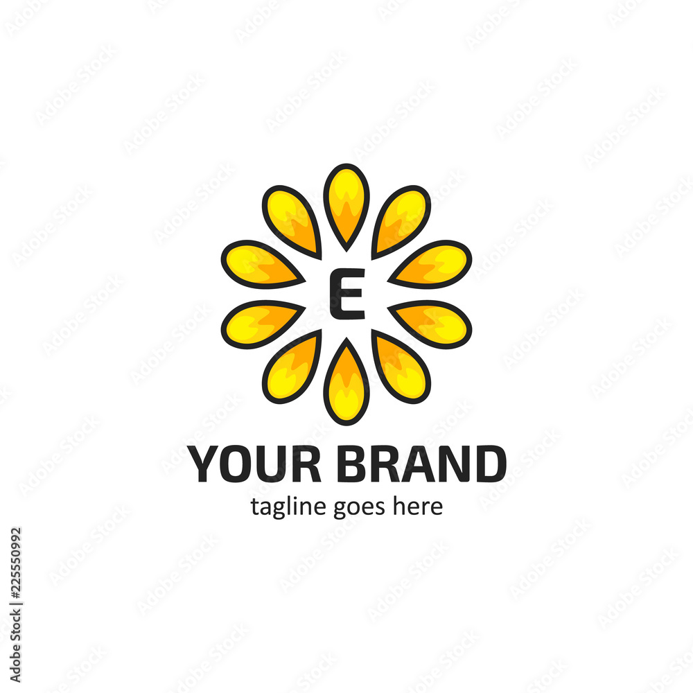 Fototapeta premium Yellow sunflower petals with letter E logo icon symbol vector