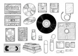 Information storage equipment collection, illustration, drawing, engraving, ink, line art, vector