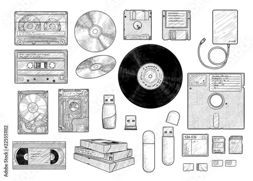 Information storage equipment collection, illustration, drawing, engraving, ink, line art, vector
