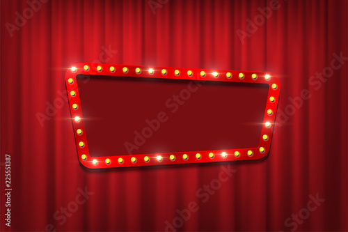 Bulb frame with empty space on red curtains background. Vector design element.