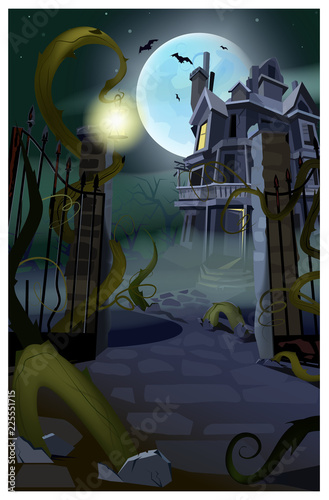 Dark gothic house with flying bats vector illustration. Open gates of fence with growing roots. Halloween concept