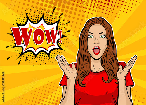 Wow pop art face. Sexy surprised young woman with open mouth and Wow speech bubble. Vector colorful background in pop art retro comic style.