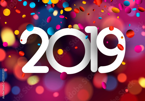 Bright blurred 2019 New Year card with colorful confetti.