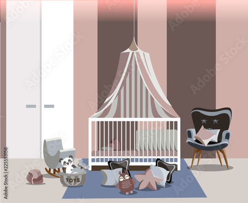 Baby room interior for girl with white furniture, bed with canopy, wardrobe, easy chair, toys and pillows on the floor in flat style. Modern dusty pink nursery design. Vector illustration.