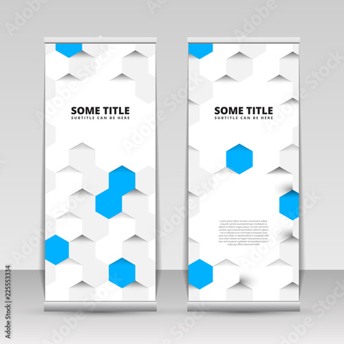 Colorful roll up banner with hexagons. Vector