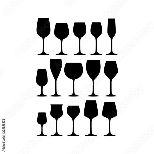 Various red, white and sparkling wine glasses silhouette vector set. Black isolated wineglass collection.