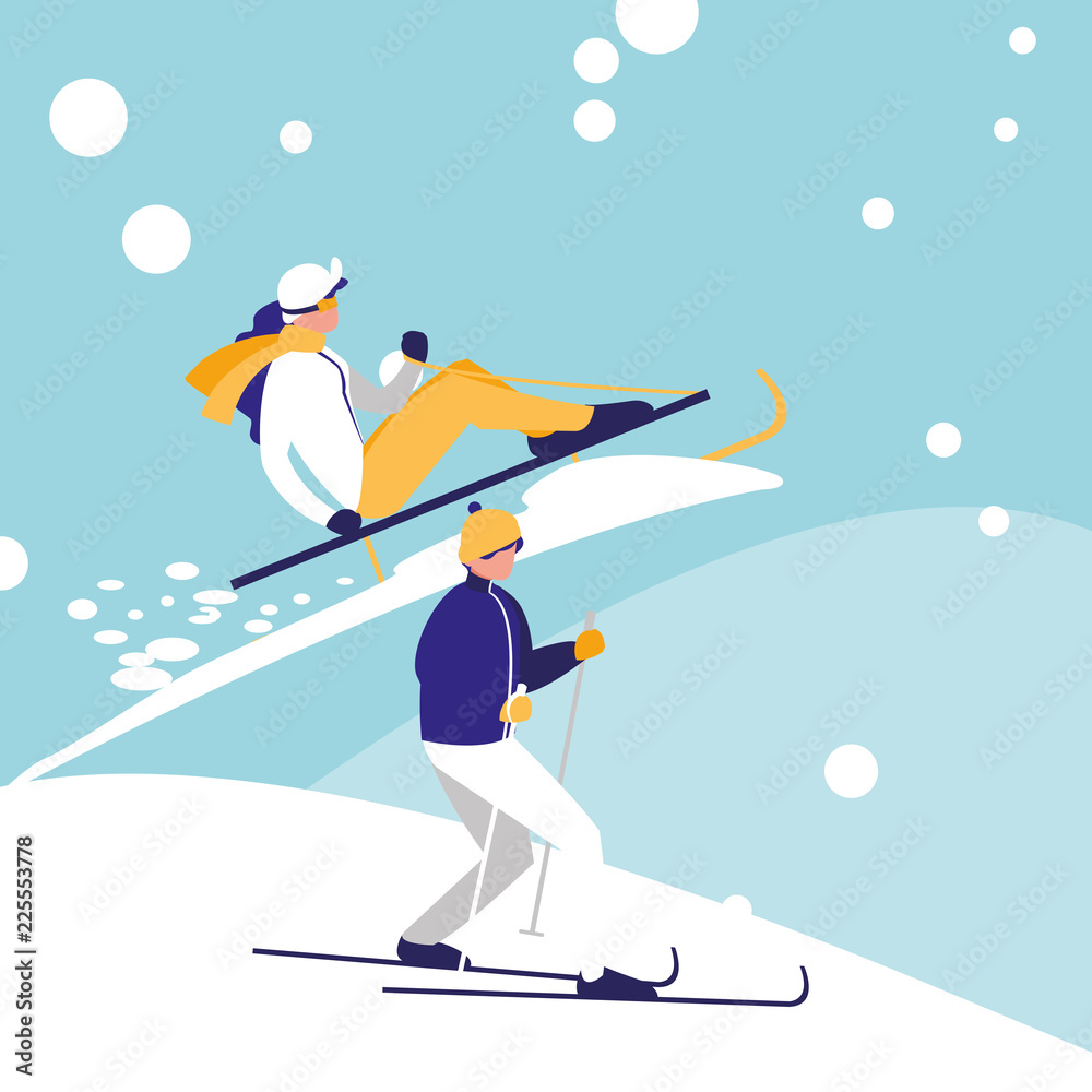 couple practicing skiing on ice avatar character