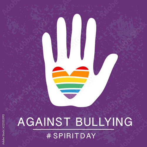 Spirit day violet, purple color poster, with rainbow heart in hand. Against bullying.