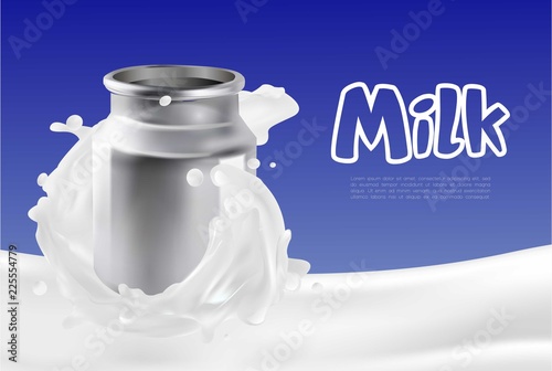 Milk splash on blue background with can.