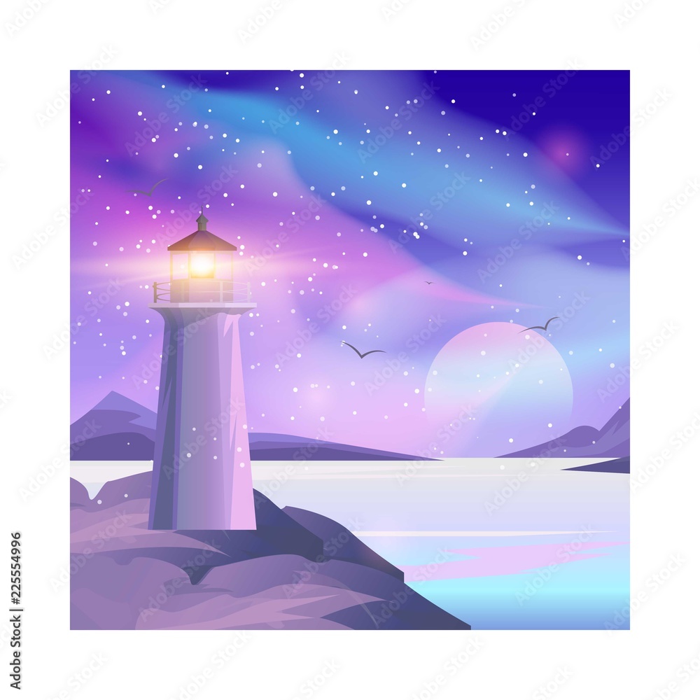 Vector illustration of Lighthouse in night sea. Lighthouse by the sea ...