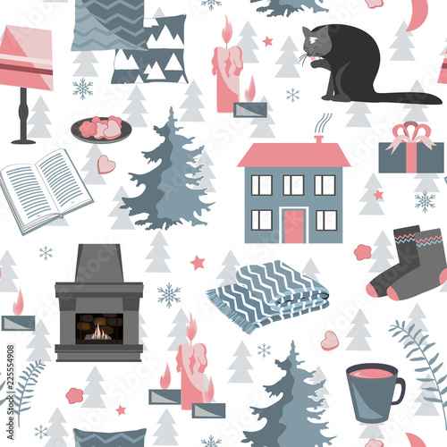 Hygge seamless pattern. Vector illustration with forest plants and cozy home things