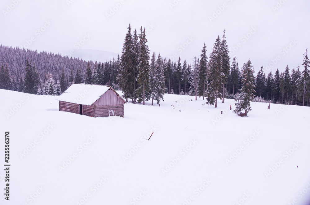 Snow-covered house in the mountains. Hut in a mountain meadow. Snow-covered house in the mountains. Hut in a mountain meadow.