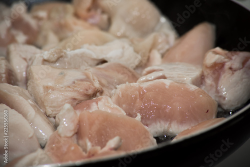 Pieces of chicken breast cooked in a frying pan