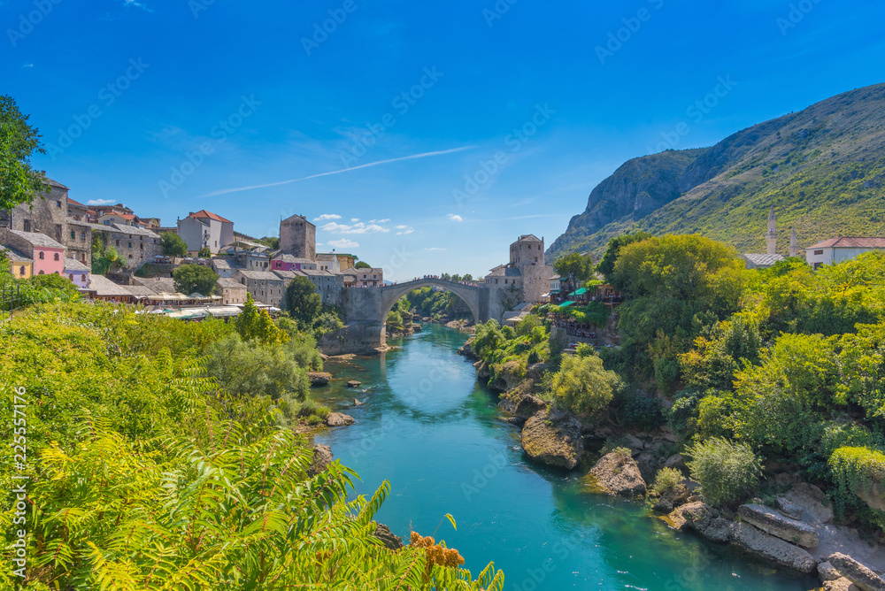  beautiful view of the old city and the historic bridge in Mostar, Bosnia and Herzegovina