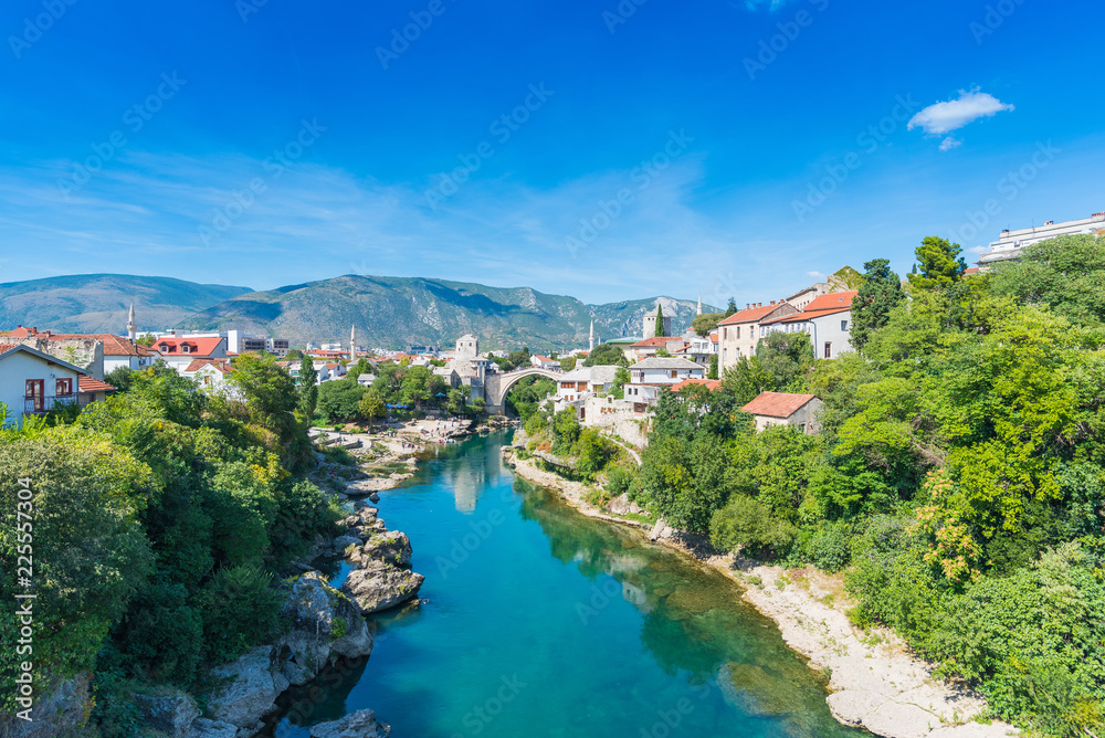  Beautiful view of the old city and the historic bridge in Mostar, Bosnia and Herzegovina