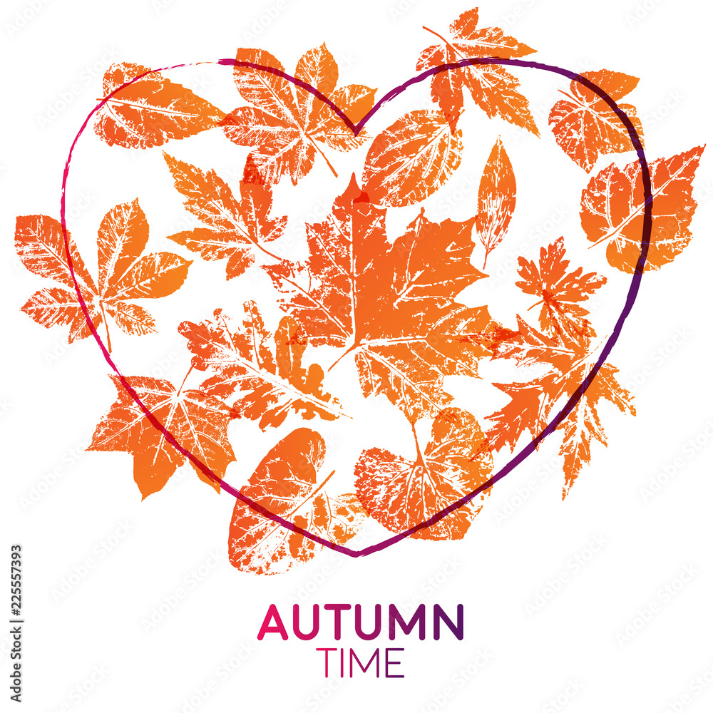 Light card autumn time with leaf prints in bright trendy gradient colors. Vector design elements for the design of postcards, promotional leaflets, autumn sales.