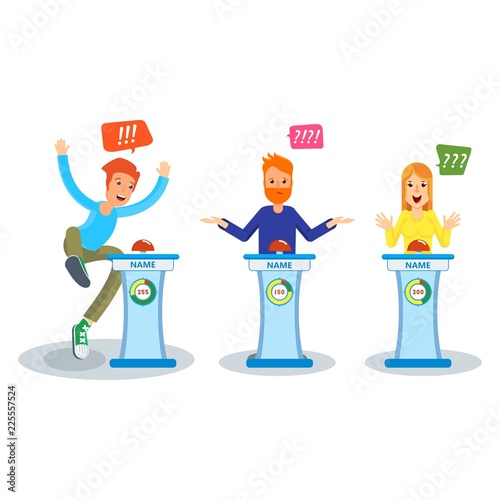 Young cheerful emotional people participate in entertainment quiz. TV show or game in which participants or team respond to questions and guess riddles. Flat vector concept on white background.