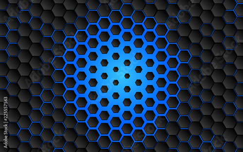 Black abstract digital hi tech concept background. Futuristic hexagon and blue light vector illustration. Technology geometric minimal design.