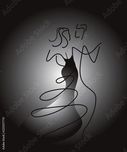 Dancing Young Couple, lineart. 
Stylized illustration of Young couple dancing ballroom dance on black and white gradient background. Vector available.