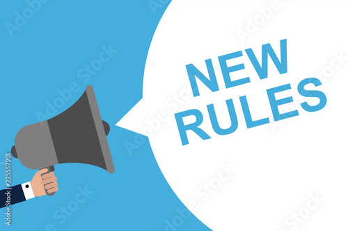 Hand Holding Megaphone With Speech Bubble NEW RULES. Announcement. Vector illustration