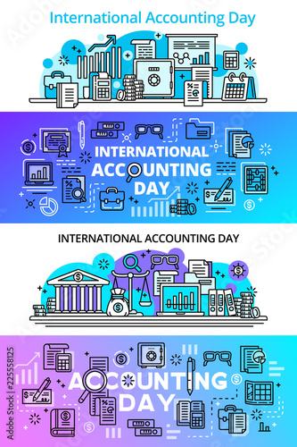 Accounting day banner set. Outline set of accounting day vector banner for web design