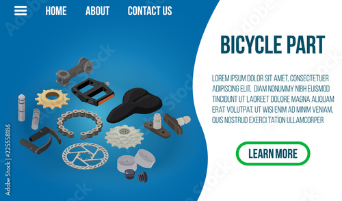 Bicycle part concept banner. Isometric banner of bicycle part vector concept for web, giftcard and postcard
