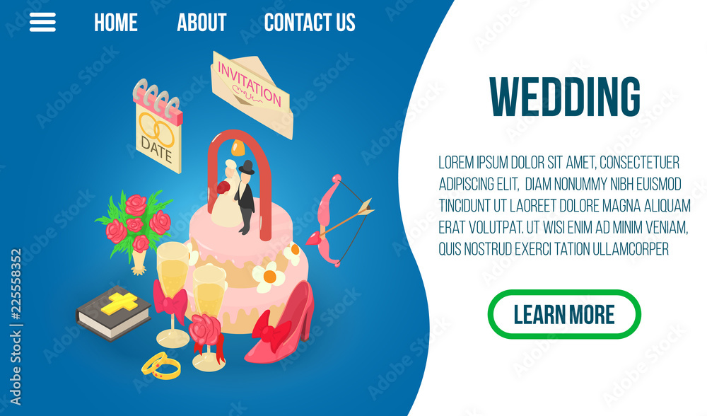 Fototapeta premium Wedding concept banner. Isometric banner of wedding vector concept for web, giftcard and postcard