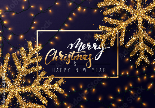 Shining Christmas background with gold snowflakes and light garlands golden color. Merry Christmas greeting card, banner, web poster. Vector Illustration.