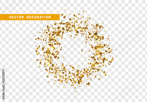 Shine golden confetti isolated on transparent background. Bright festive tinsel of gold color.