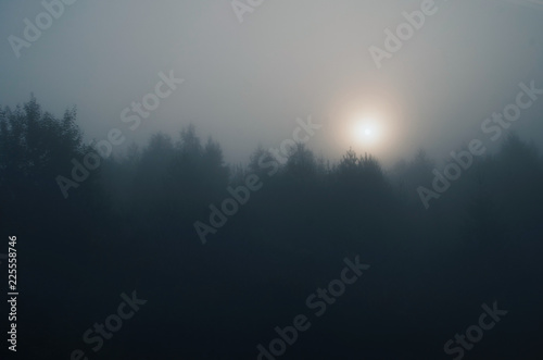 Sunrise over the misty landscape