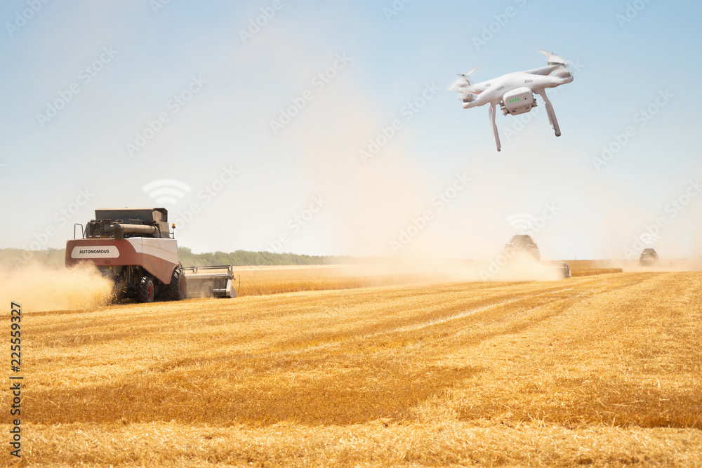 Autonomous combine harvesters with drone. Internet of things in ...