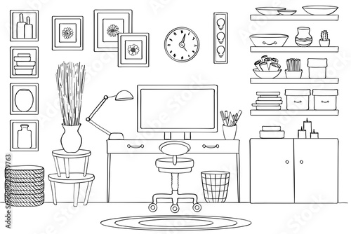Sketch of home office room interior, Black and white