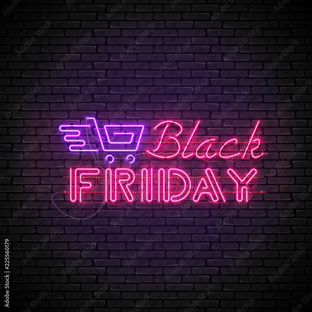 Shining and glowing realistic BLACK FRIDAY red neon sign with purple shopping cart isolated on brick wall background. Bright neon sign, night advertisement logo, vector illustration. Shining and glowing realistic BLACK FRIDAY red neon sign with purple shopping cart isolated on brick wall background. Bright neon sign, night advertisement logo, vector illustration.