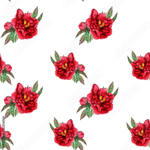 Fototapeta Naklejka Na Ścianę i Meble -  Pattern of Red peonies. Passionate flowers on a white background