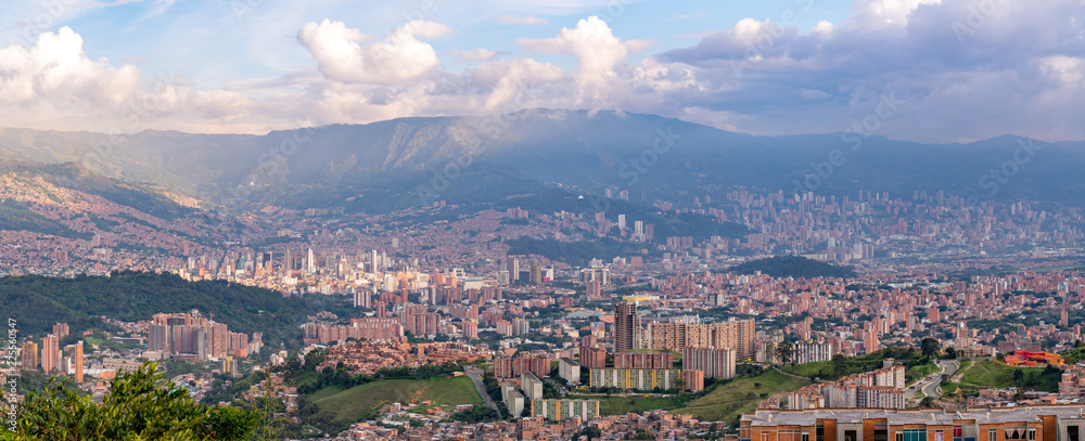 Cityscape and panorama view of Medellin, Colombia. Medellin is the second-largest city in Colombia. It is in the Aburrá Valley, one of the most northerly of the Andes in South America.