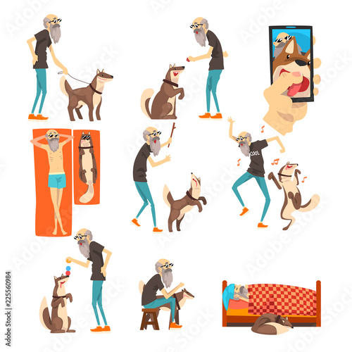 Grandfathe and his dog set, lonely senior man and his animal pet in different situations vector Illustration on a white background