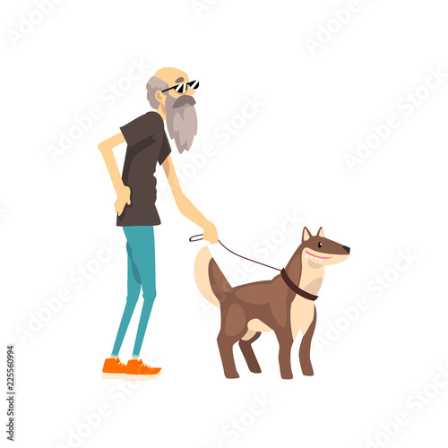 Grandfather walking with his dog, lonely senior man and his animal pet vector Illustration on a white background