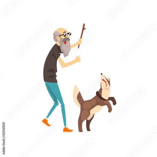 Grandfather playing with his dog with a stick, lonely senior man and his animal pet vector Illustration on a white background
