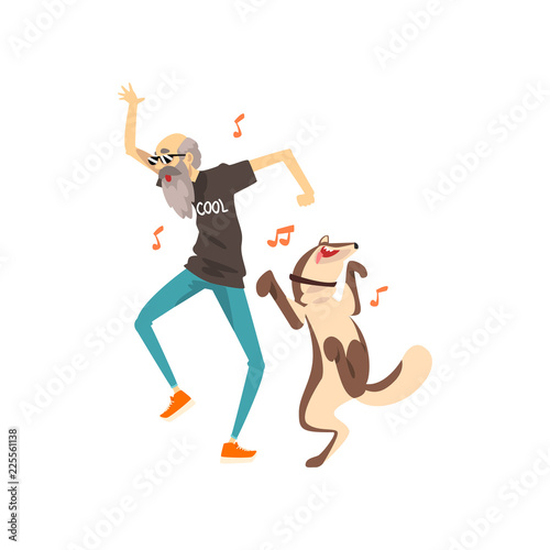 Grandfather listening music and dancing with his dog, lonely senior man and his animal pet vector Illustration on a white background