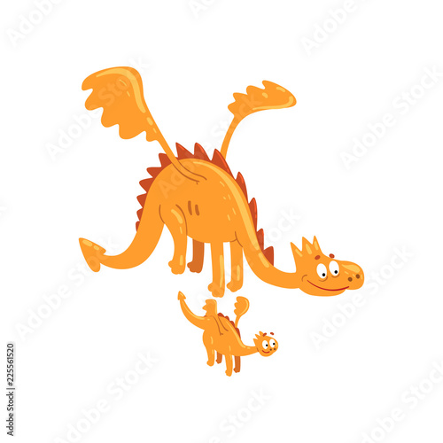 Mature dragon with wings and small baby dragon  mother and her child  cute dragons family cartoon characters vector Illustration on a white background